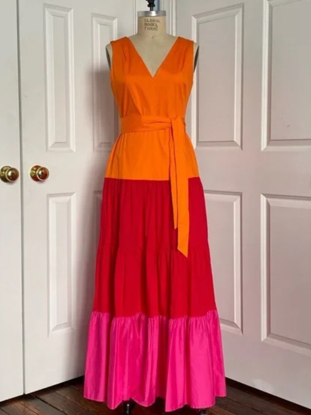 Milly Nicola Colorblock Sleeveless V-Neck Maxi Dress in Orange, Red & Pink